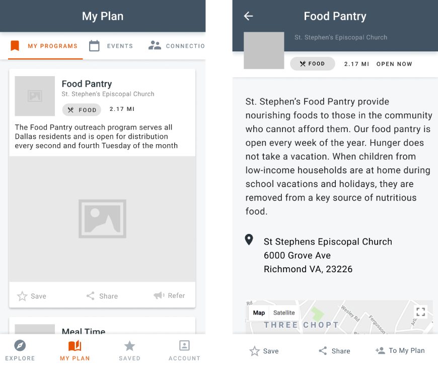 An early mobile mockup showing program offerings (on the left) for someone who is incarcerated and a community program's listing (on the right).